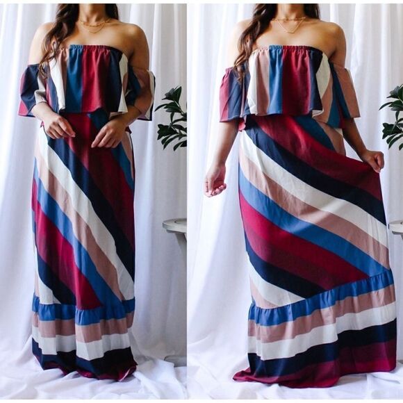 Umgee Dresses Red White And Blue Off The Shoulder Maxi Dress size S NWT - Picture 3 of 11